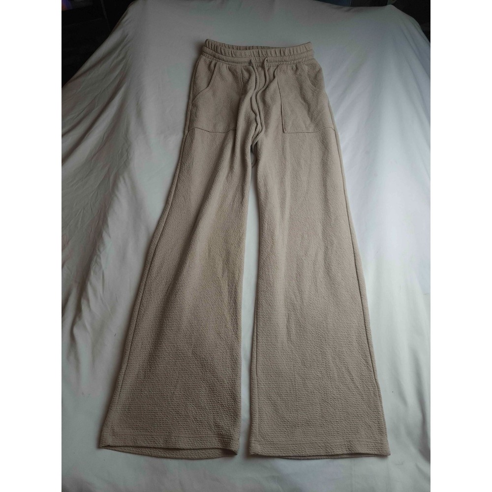 Tres Bien Sweatpants Womens Small Beige Waffle Knit Wide Leg Drawstring Lounge